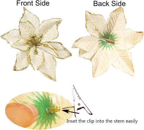 12pcs Glitter Poinsettia Christmas Tree Ornament Artificial Wedding Christmas Flowers Xmas Tree Wreaths Decor Ornament, 5.5inch, Red and Gold for ...