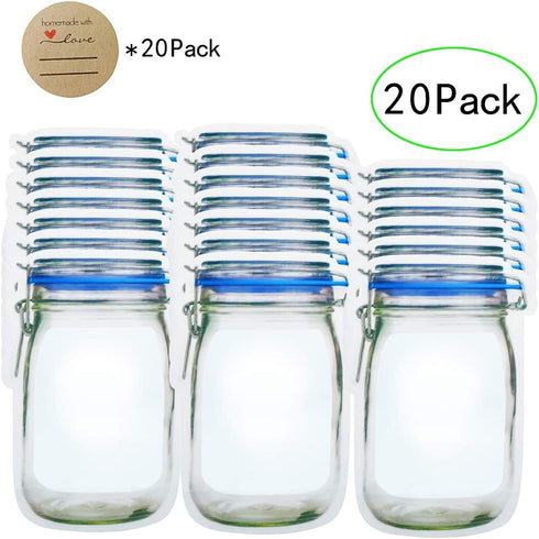 20Pack 1000ml (9.6x6.6inch) Reusable Mason Jar Bags for Candy & Snacks - Leakproof Storage & Display...
