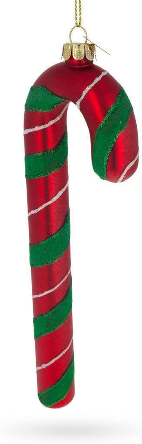 Festive Striped Candy Cane Blown Glass Christmas Ornament...