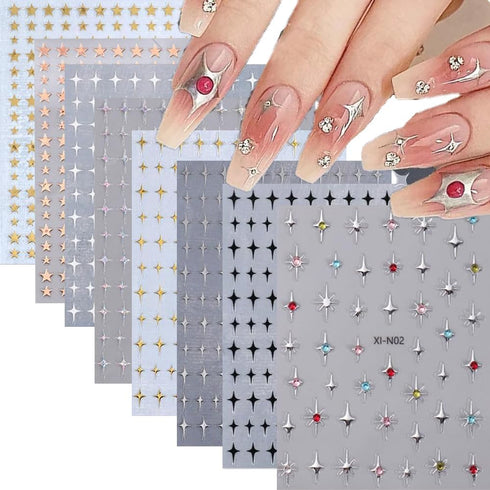 8 Sheets Star Nail Art Stickers Gold Sliver Star Nail Art Stickers Shiny GoldStar Nail Design Nail Art Supplies Gold Silver White Black Stars Nail...