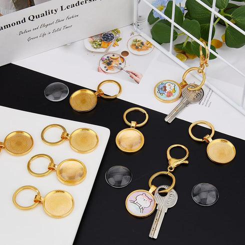 DICOSMETIC 20 Sets Blank Cabochon with Keychain Set Golden Alloy Pendant Cabochon Settings and Glass Cabochons DIY Blank Dome Keychain Making Kit ...