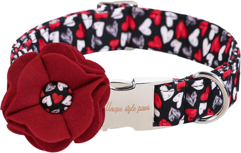 Unique style paws Valentine's Day Dog Collar with Removable Felt Flower Tie Girls Boys Pet Collar for Small Medium Large Dogs-Gothic Love-M...