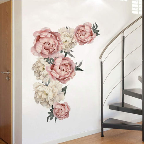 WINDVALE Pink Peony & Rose Floral Wall Stickers, Peel & Stick, Waterproof, Modern Style, 2 Sheets (11.8 x 35.4 inches each), Ideal for Bedroom, Li...