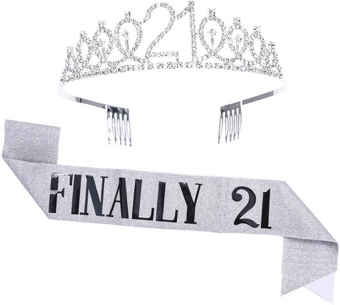 21st Birthday Tiara and Sash Set for Girls - Crystal Crown Birthday Gift, Silver Sash for Party Supplies...