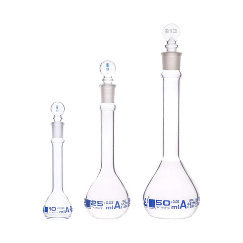 EISCO Premium Volumetric Flask Set - 10ml, 25ml & 50ml - Class A, ASTM E288 - Superior Durability & Chemical Resistance - Glass Penny Stoppers - B...