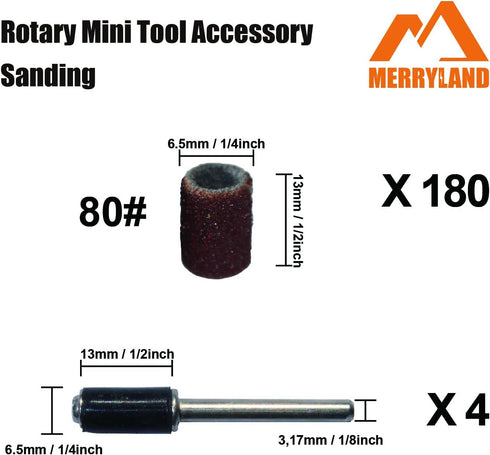 Merryland Drum Sander Sanding Band for Dremel 184pcs, 80# 1/4" Sanding Sleeve 180pcs and Mandrel 4pcs Rotary Tool, Electric Power Tool Accessory D...
