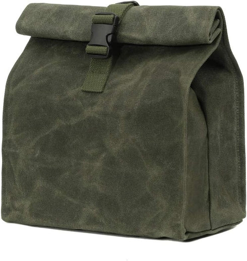 Kaaltisy Heavy Duty Lunch Bags Waxed Canvas Roll-top Lunch Boxes Waterproof Reusable Lunch Bag with Adjustable Buckle, Green, Hard Handfeel...