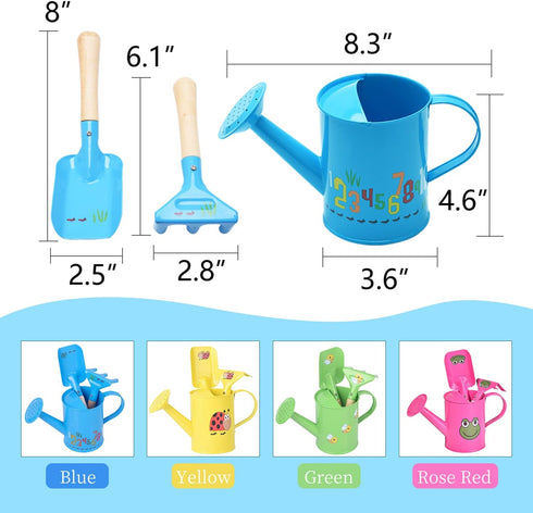 Sungmor Small Watering Can Set Cute Little Gardener Kit | Package includes 3PC Blue Number Watering Can & Trowel & Rake Gardening Hand Tools | Per...