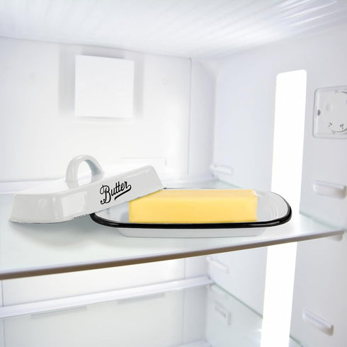 Suwimut Enamelware Butter Dish with Lid, Farmhouse White Butter Dish Vintage Style Black Rim Enamel Butter Container with Cover, Metal Butter Keep...