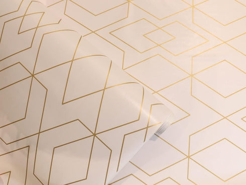 D7027-3 Peel & Stick Wallpaper Hexagon Rhombus Gold/White Removable Self Adhesive Wallpaper Textured 17.7in x 118in Vinyl Film Roll for Wall Decor...