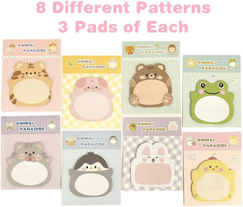 24 Pads Cute Animal Shaped Sticky Notes 8 Cute Patterns 3 Pads of Each Kawaii Self-Sticky Notes Memo Pad for School Office Home Kids Students Room...