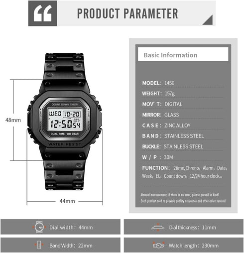 PASOY Men's Digital Multi-Function Watches Stainless Steel Square Case Dual Time Alarm Stopwatch Countdown Backlight Waterproof Watch...