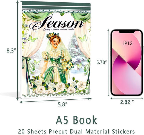 Dwpetzo 278Pcs Seasons Landscape Scrapbooking Journaling Sticker Book Precut, 3 Assorted Adhesive Washi, PET, and Paper Materials Stickers for Jun...