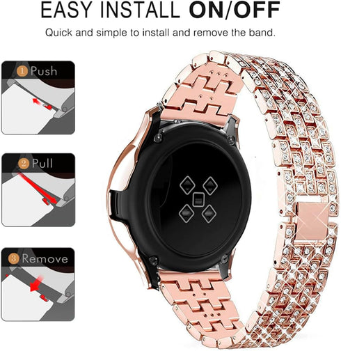 Bands Compatible with Samsung Galaxy Watch Active 2 40mm / Active 2 44mm, Shiny Diamond Stainless Steel Metal Strap with Rhinestone Protective Cas...