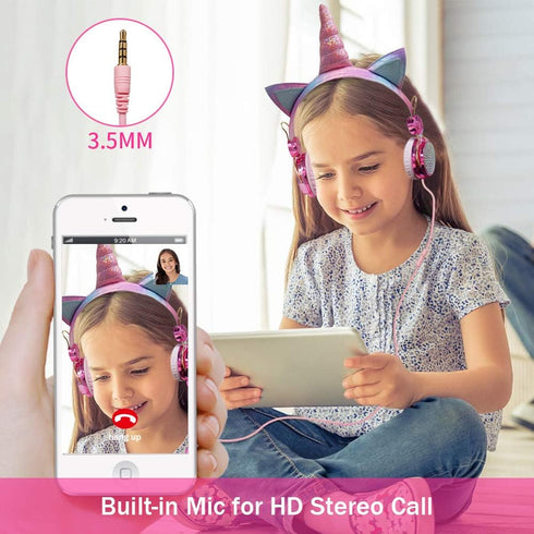 Unicorn Kids Headphones for Girls Children Teens, Wired Headphones for Kids with Adjustable Headband, 3.5mm Jack and Over On Ear Headset w/Mic for...