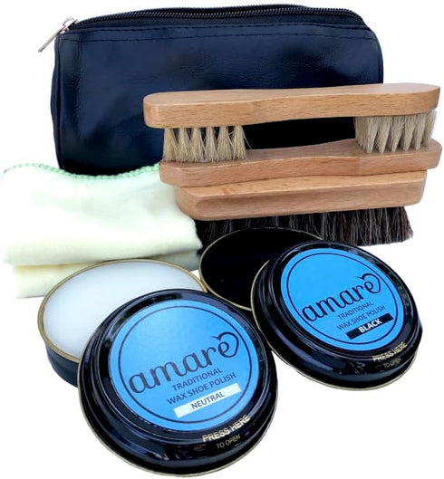 Amare 8PC Shoe Shine Kit, Shoe Polish & Care Kit, for Leather for Men & Women with Black and Neutral Polish, Travel Shoe Shine Brush kit, Leather ...