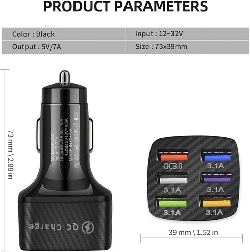 Amiss Car Charger Adapter, 6 USB Multi Port, Fast Charger, Include QC 3.0 and 5 Other Ports, Car Interior Accessories, Fit for iPhone 13/12/11/pro...