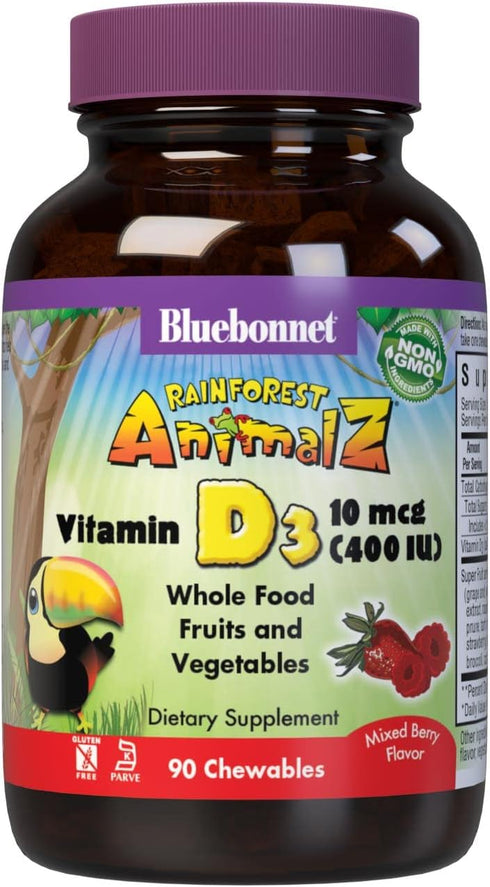Bluebonnet Nutrition Rainforest Animalz Vitamin D3 400 IU Chewable Tablet, Soy, Dairy & Gluten-Free, Non-GMO, Kosher Certified, Vegetarian Friendl...
