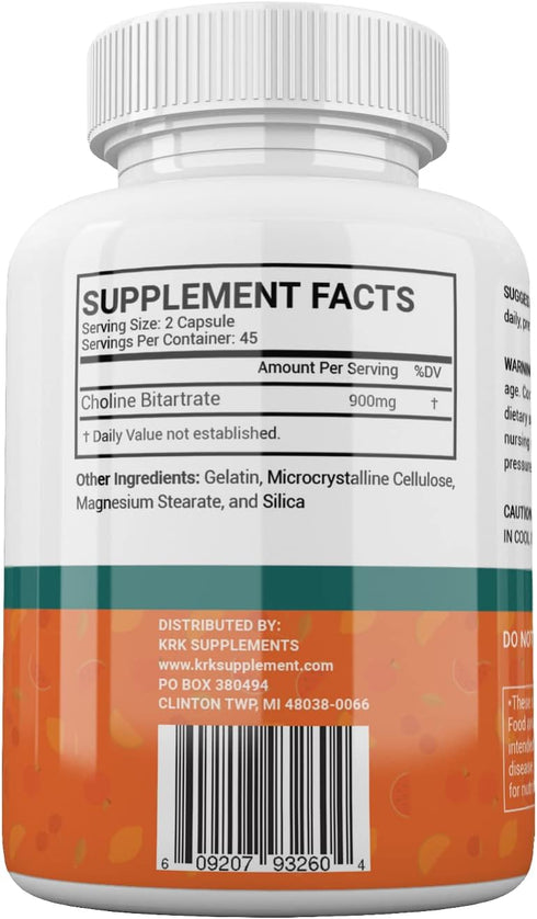 2 Bottles Choline Bitartrate 900mg Per Serving 180 Total Capsules KRK Supplements...