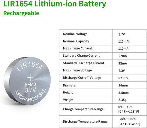 EEMB 4PACK LIR1654 Rechargeable Battery 3.7V Lithium-ion Button Batteries Coin Cell Battery for Earphone Wearable Device Watch...