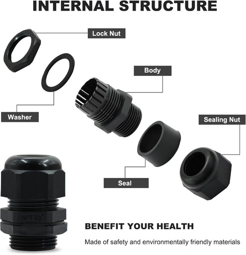 12 Pcs 3/4" Black NPT Cable Glands IP68 Waterproof Connectors for Electrical Box Nylon Cord Grip Strain Relief...