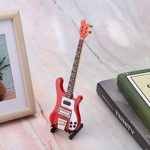 Red Miniature Bass Guitar Wood Replica Model Ornament with Adjustable Stand Mini Art Projects Christmas Gift...