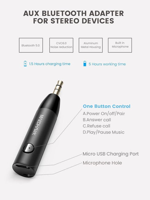 3.5mm Bluetooth Aux Adapter for Car - Maedhawk Stylish Bluetooth 5.0 Receiver with Noise Cancelling and Headphone Jack for Truck Home Stereo Headp...