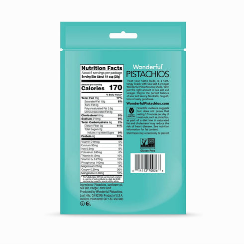Wonderful Pistachios No Shells, Sea Salt & Vinegar Nuts, 5.5 Ounce Resealable Bag, Protein Snacks, Vegan Snacks, Healthy Snacks for Adults...