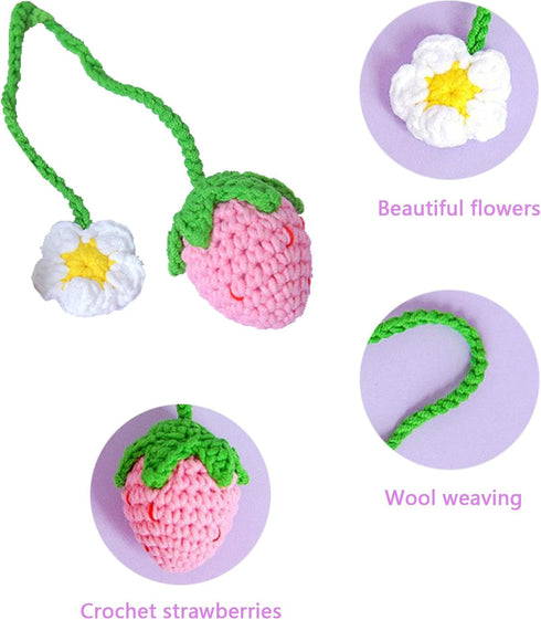Car Mirror Hanging Accessories,2 Pcs Crochet Strawberry Car Accessories Cute Rearview Mirror Accessories Hanging Car Accessories Car Ornament...