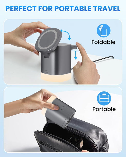 JoyGeek 3-in-1 Charger Stand for Magsafe: Foldable Wireless Charging Station with Night Lights - Magnetic Charger Dock for iPhone 15/14/13/12 Pro/...
