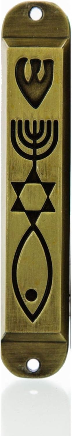 Brass Messianic Mezuzah Case with Scroll for Door Menorah Messianic Seal 10 cm / 4 Inch...