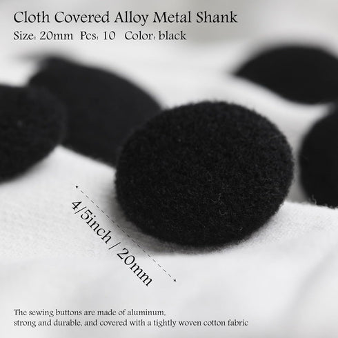 10PCS Fabric Cloth Covered Buttons with Metal Shank Buttons for Suits Gowns Blouses Tuxedo Sweaters Fabric Buttons Black 20mm...