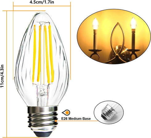 ROMANJOY F15 Dimmable LED Light Bulbs Led Porch Light Bulb 8W Equivalent 80W 2700K Warm White E26 Edison Vintage Bulb Flame Wrinkle Clear Glass Co...