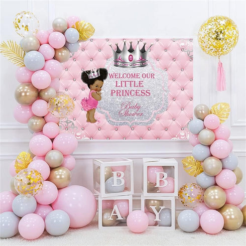 DASHAN 7x5ft Polyester Baby Shower Backdrop Welcome Our Little Princess Silver Crown Pink Photography Background for Newborn Baby Shower Baby Girl...