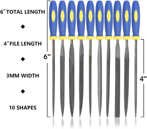 KALIM 10PCS Needle File Set High Carbon Steel File Set with Plastic Non-Slip Handle, Hand Metal Tools for Wood, Plastic, Model, Jewelry, Musical I...