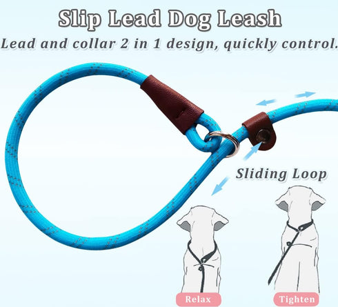 2 Pcs 8ft Slip Lead Dog Leash, Reflective No Pull Training Leash, 1/3" Nylon Rope Slip Leash for Small Medium Dogs (Blue+Black)...