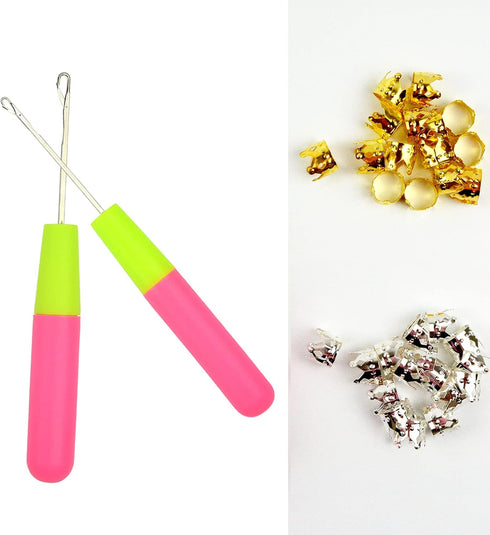 2 Pcs Latch Hook Crochet Needle with 30 Pcs Dreadlocks Silver Gold Metal Decoration Braiding Hair Rings for Crochet Hooks Braids Hair Decoration A...