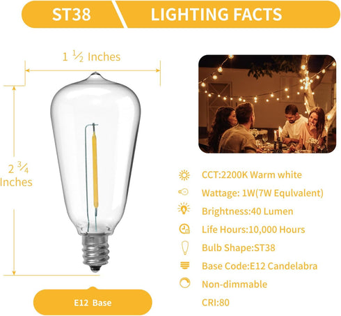 ST38 LED String Light Bulbs, 1.5 Inches Shatterproof LED Replacement Bulbs for Outdoor String Lights, 1Watt Equvanlent to 7Watt Incandescant Bulbs...
