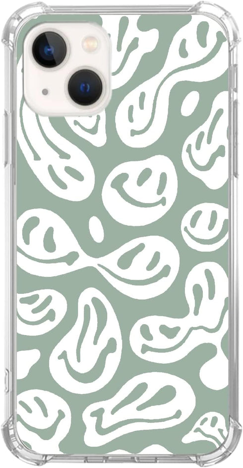 Aesthetic Sage Green Trippy Smile Face Case Compatible with iPhone 14 Plus, Cute Pastel Smile Face Case for iPhone 14 Plus for Teens Women Men, Tr...
