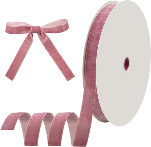 Pink Velvet Ribbon 1 Inch x 50 Yards, Glitter Velvet Wired Ribbon for Gift Wrapping, DIY Crafts, Hair Bows, Choker, Wedding Flower, Bouquet, Wreat...