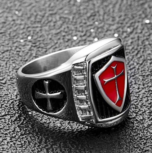 Men's Stainless Steel Ring Knight ring Templar Ring biker Crusader Cross masonic Red Size 10...
