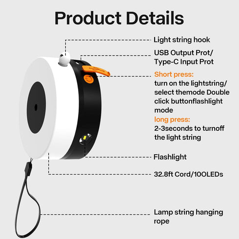 ONXE Camping String Lights, 32.8FT Rechargeable Waterproof LED Tent Lights for Camping Hanging Outdoor Garden Party Festival Decor...