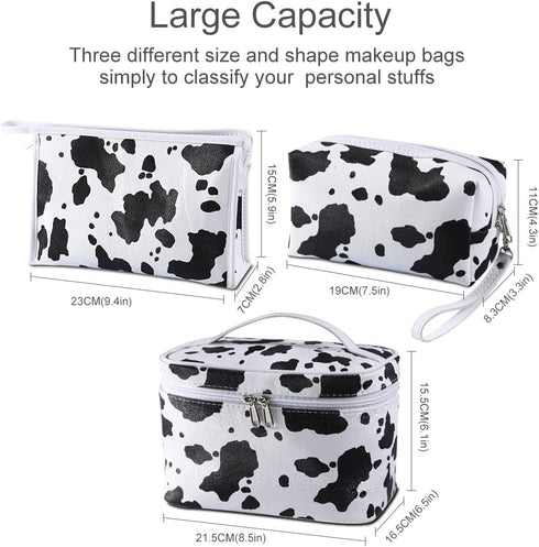 Veki 3 Pieces Set Makeup Bag Waterproof Cosmetic Bag Small Makeup Bags Organizer for Women and Girls with Milk Cow Animal Portable Toiletry Bag Mi...