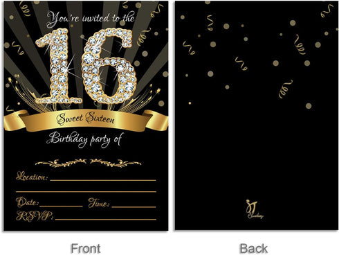 25 Sweet Sixteen Black Double-sided 5x7 Party Invitations Kit with Gold Metallic Pen and Envelopes...