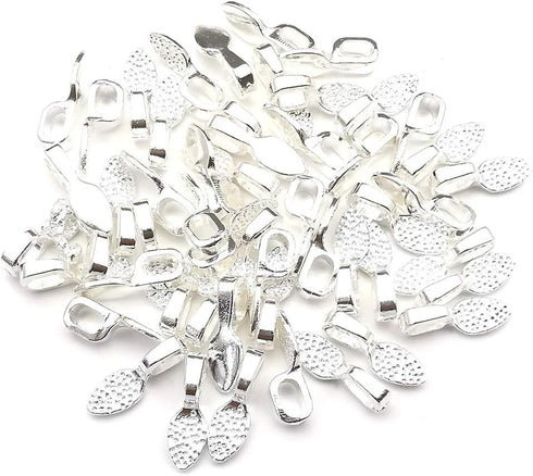 100pcs 15x5mm Silver Plated Small Pendant Bails Glue on Bails Tag Jewelry Bails Oval Scrabble Glue On Earring Bails Small Spoon Shape for Making J...
