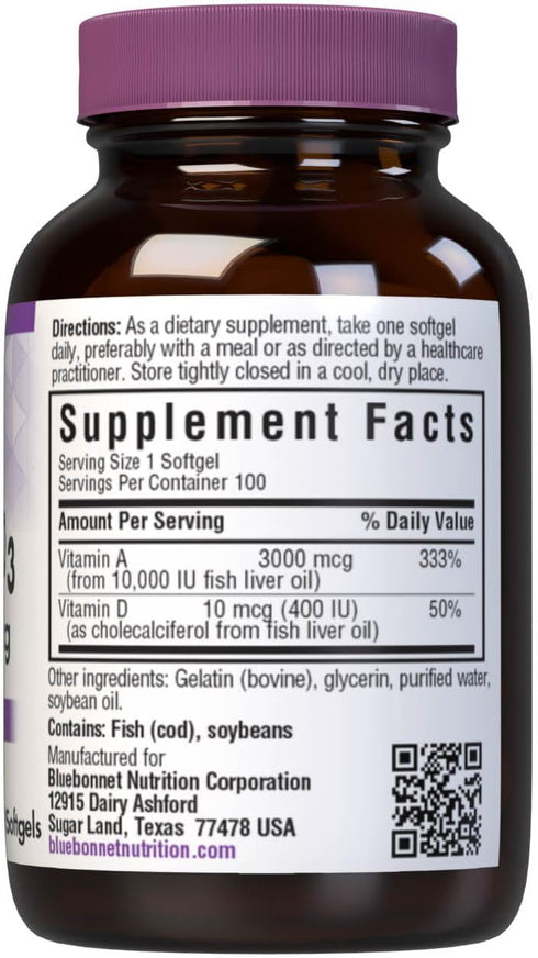 Bluebonnet Nutrition Vitamin A & D3 10,000 IU/400 IU from Deep Sea, Cold Water, Fish Oil - For Eye Health & Immune Function* - Gluten Free -Dairy ...