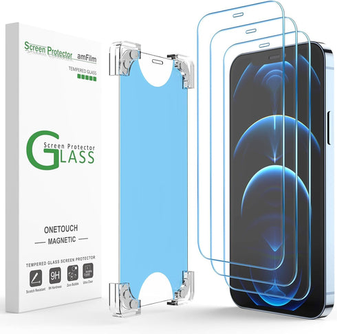 amFilm Magnetic OneTouch 3 Pack Compatible with iPhone 12 Pro Max 6.7" Screen Protector Tempered Glass Accessories, Premium Easiest Installation K...