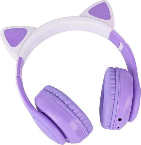 Cat Ear Kids Headphones Bluetooth, LED Light up Wireless/Wired Mode Over Ear Headphones with Build in Microphone for School/Travel (Purple)...