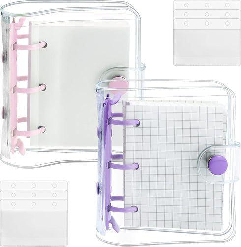 2 Pack Mini Transparent 3 Ring Binder Covers with Binder Inner Paper and Pockets, Clear Soft PVC Notebook Closure Loose Leaf Folder with Snap Butt...