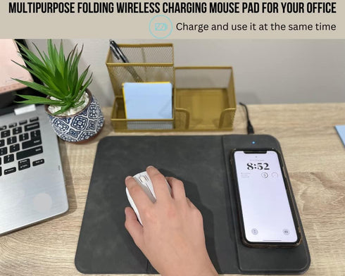 Multi Functional Wireless Charging Desk Mouse Pad, Leather Surface, Slim Folding Design, (USB Cable Included) (Gray)...